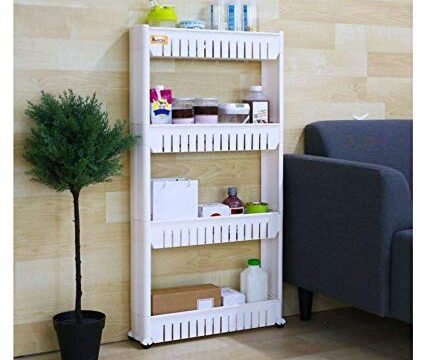 4 Layer White Storage Organizer Slim Rack Shelf with Wheel, Plastic